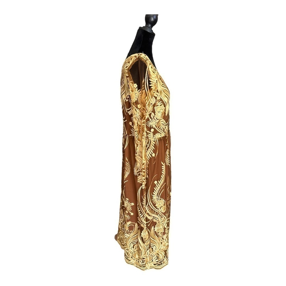 Custom Made Lace Tan & Gold Floral Dress Sun Goddess Cottagecore Apprx Sz L/XL - Picture 4 of 8